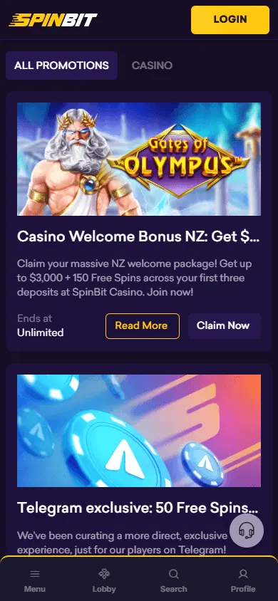 Spinbit Casino promotions platform on a mobile browser