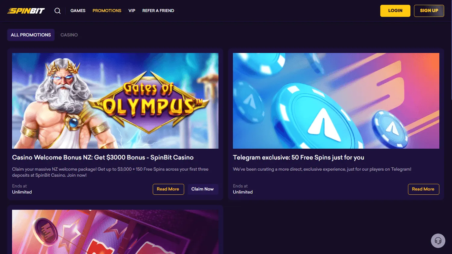 Spinbit Casino promotions platform on desktop