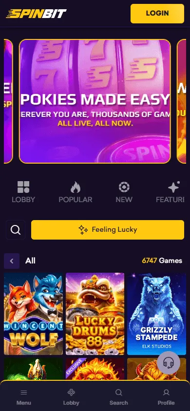 Spinbit Casino games platform on a mobile browser