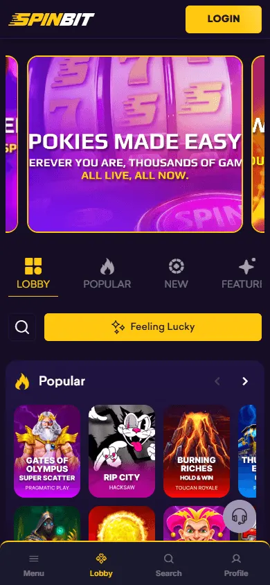 Spinbit Casino home platform on a mobile browser