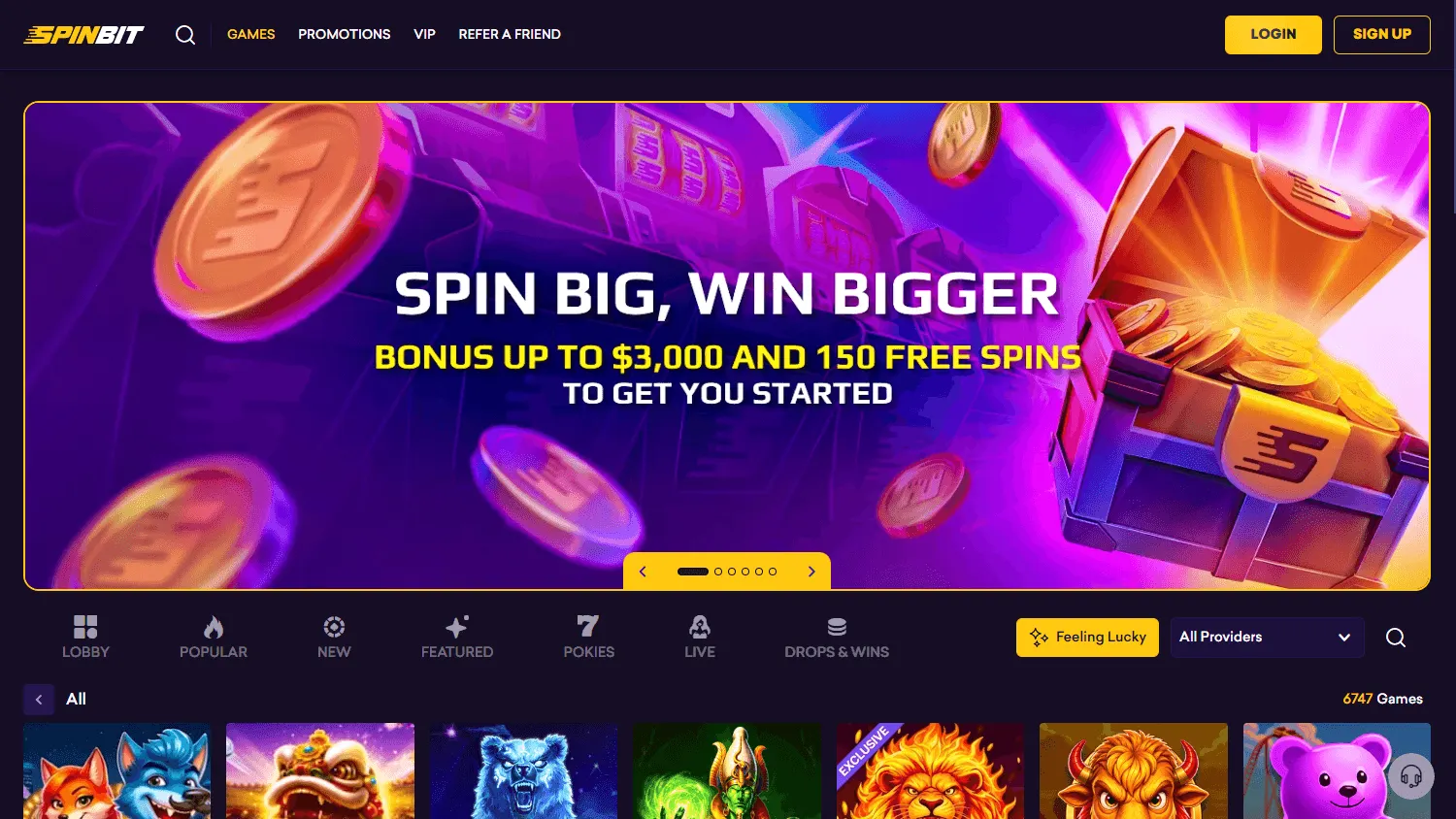 Spinbit Casino games platform on desktop
