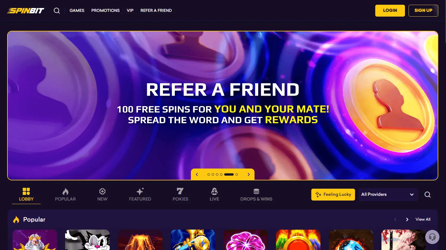 Spinbit Casino home platform on desktop